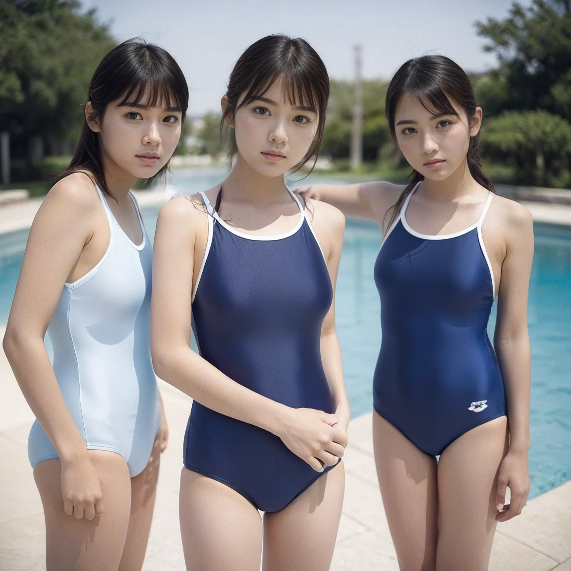 (Tabletop,high quality:1.3),(Depth of written boundary:1.3) ,((Front body:1.35)), Japanese , Junior high school girl,(()),Standard height, ARN75W, Blue one piece swimsuit,(Huge breasts:1.4),(View your viewers:1.3),(whole body:1.2),Pool