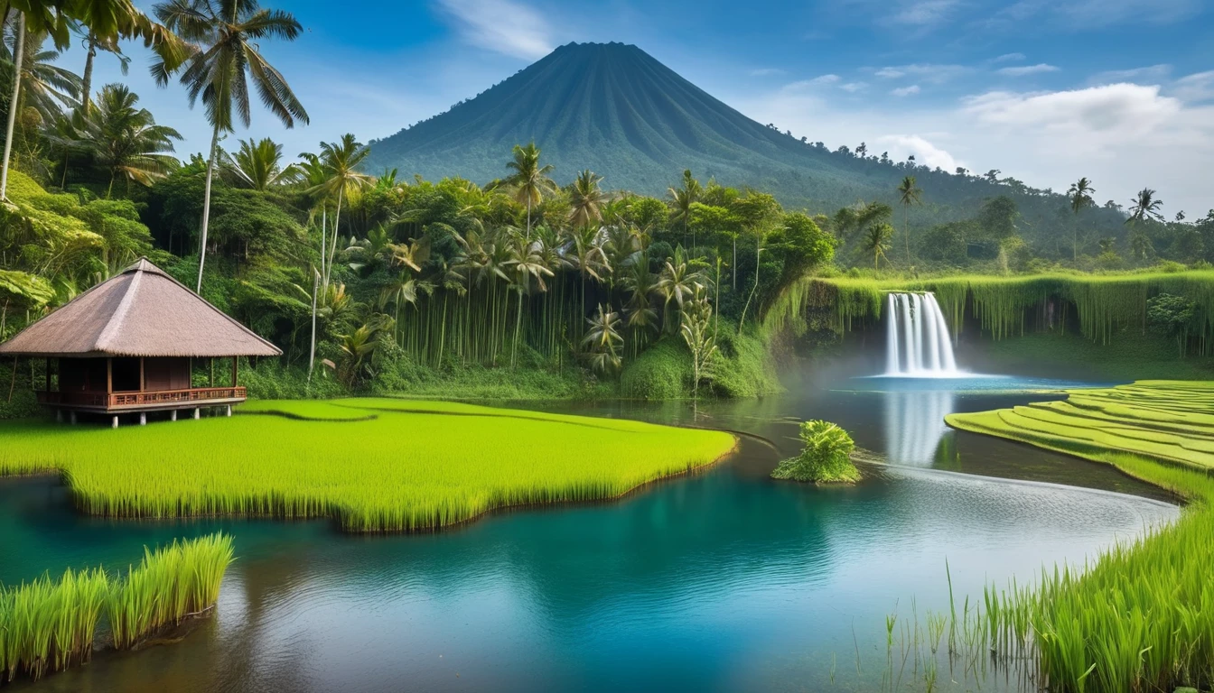 The waterfall flows from small cliffs of Bali into a lake. There is a small hut surrounded by tropical forest plants, volcano in the background and no clouds, vast rice fields full of rice plants, cloudless blue sky, no clouds, vibrant and realistic photography.