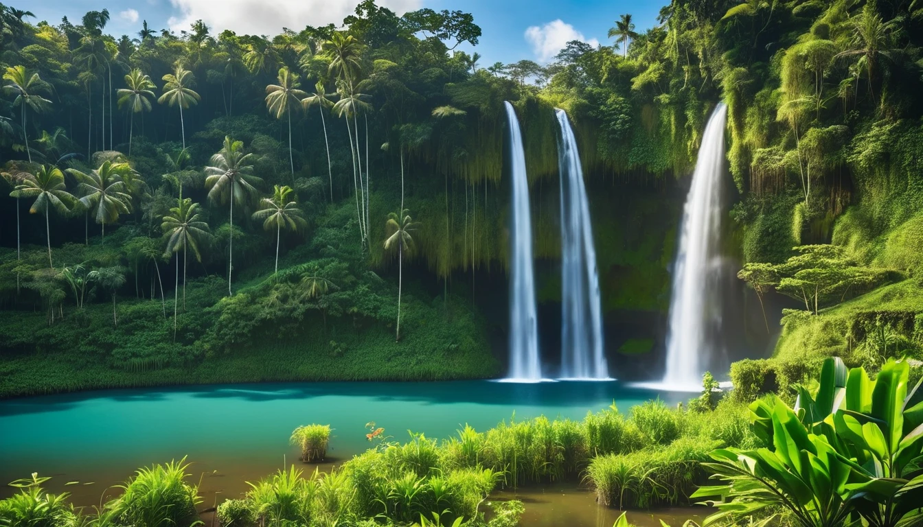 The waterfall flows from small cliffs of Bali into a lake. There is a small hut surrounded by tropical forest plants, volcano in the background and no clouds, vast rice fields full of rice plants, cloudless blue sky, no clouds, vibrant and realistic photography.