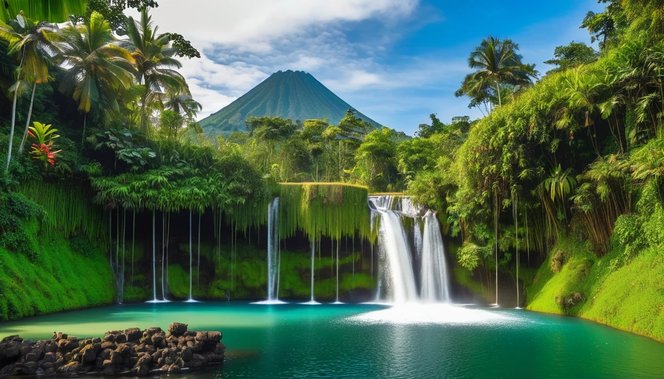 The waterfall flows from small cliffs of Bali into a lake. There is a small hut surrounded by tropical forest plants, volcano in the background and no clouds, vast rice fields full of rice plants, cloudless blue sky, no clouds, vibrant and realistic photography.