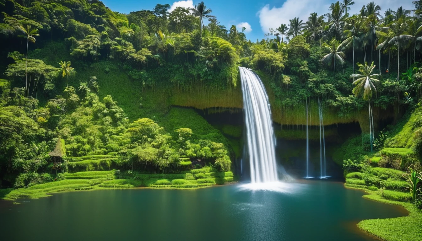 The waterfall flows from small cliffs of Bali into a lake. There is a small hut surrounded by tropical forest plants, volcano in the background and no clouds, vast rice fields full of rice plants, cloudless blue sky, no clouds, vibrant and realistic photography.