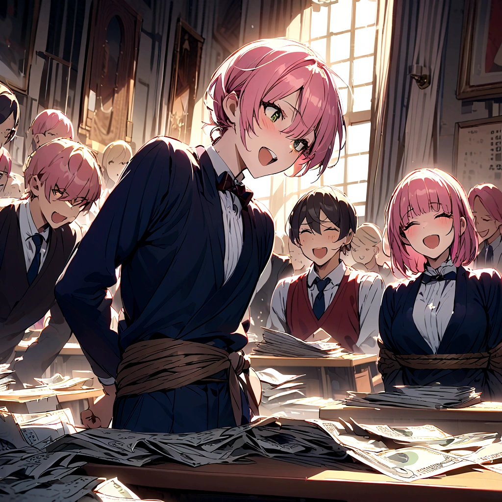 There is a pile of bills on the desk、Around the desk３People Women、Laughing out loud、Boy tied up behind his back、Pink Hair、Drill Twin