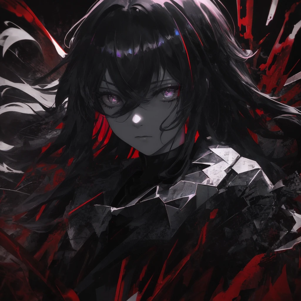 ((masterpiece)), Best quality, Ultra high resolution, extremely detailed, dark lighting, difficult, psychedelic, surreal, Cinematic lighting, One, looking at the camera, high contrast, deafening, emotional, surreal, 1 girl, from the back, Gradient detailed gray-black eyes, Model Figure, long black wavy hair, blood, demonic, fracture, Black background, depressive, dark gothic style, Dead Inside, horror, Anime IRL, realistic shadows, fractures, Gloomy atmosphere,