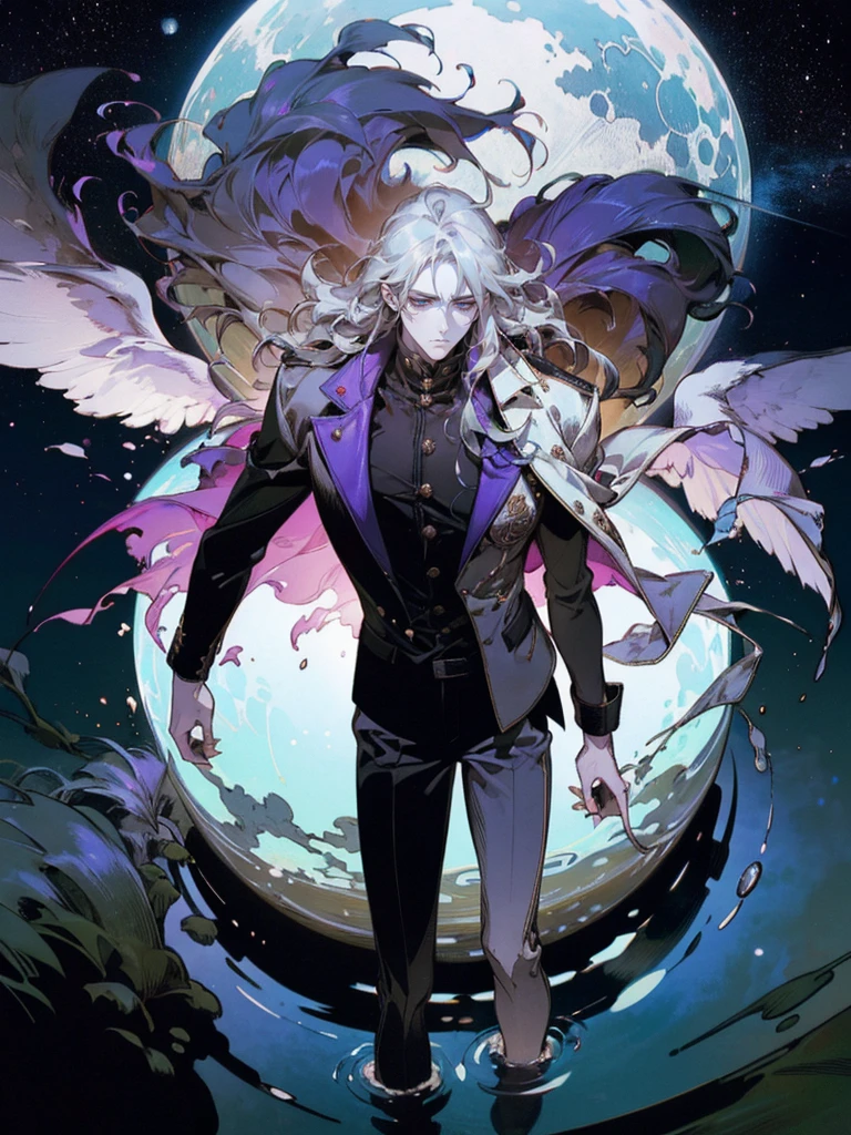 ((1 male)). ((manly:1.2)), Create a detailed portrait of a man with long hair that transitions from black at the roots to lavender at the ends, styled in an ombre effect. His hair is flowing freely in the water around him. ((he's lying in the water)). He has striking green eyes that contrast with his pale skin, adding a hint of vibrancy to his exhausted appearance. His face is etched with fatigue and weariness, reflecting the toll of extensive overtime work, with dark circles under his eyes and a slightly furrowed brow. He is dressed in baggy, cyberpunk-style clothing in black and white shades, which drape loosely over his slender frame. The outfit includes a futuristic, oversized jacket and relaxed-fit pants, complete with subtle, glowing neon accents. ((The setting shows him floating on his back in water, viewed from above)). The water reflects a stunning cosmos of vibrant colors, with stars and galaxies swirling around. His pose is relaxed, as if he is surrendering to the current. The overall mood conveys a strong sense of exhaustion and the desperate need for a moment of respite amidst a relentless, cyberpunk landscape. The background features hints of a dystopian environment with scattered tech gadgets and dim screens faintly visible beneath the water, reinforcing the sense of a worn-out world.
