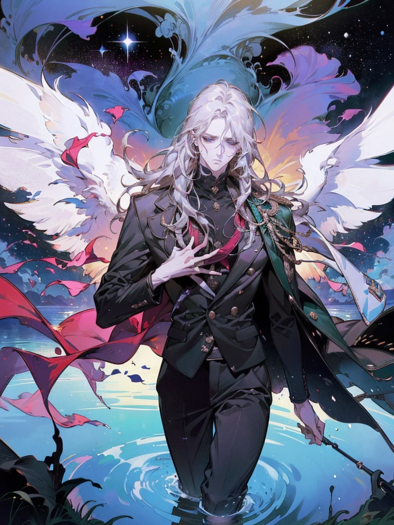 ((1 male)). ((manly:1.2)), Create a detailed portrait of a man with long hair that transitions from black at the roots to lavender at the ends, styled in an ombre effect. His hair is flowing freely in the water around him. ((he's lying in the water)). He has striking green eyes that contrast with his pale skin, adding a hint of vibrancy to his exhausted appearance. His face is etched with fatigue and weariness, reflecting the toll of extensive overtime work, with dark circles under his eyes and a slightly furrowed brow. He is dressed in baggy, cyberpunk-style clothing in black and white shades, which drape loosely over his slender frame. The outfit includes a futuristic, oversized jacket and relaxed-fit pants, complete with subtle, glowing neon accents. ((The setting shows him floating on his back in water, viewed from above)). The water reflects a stunning cosmos of vibrant colors, with stars and galaxies swirling around. His pose is relaxed, as if he is surrendering to the current. The overall mood conveys a strong sense of exhaustion and the desperate need for a moment of respite amidst a relentless, cyberpunk landscape. The background features hints of a dystopian environment with scattered tech gadgets and dim screens faintly visible beneath the water, reinforcing the sense of a worn-out world.