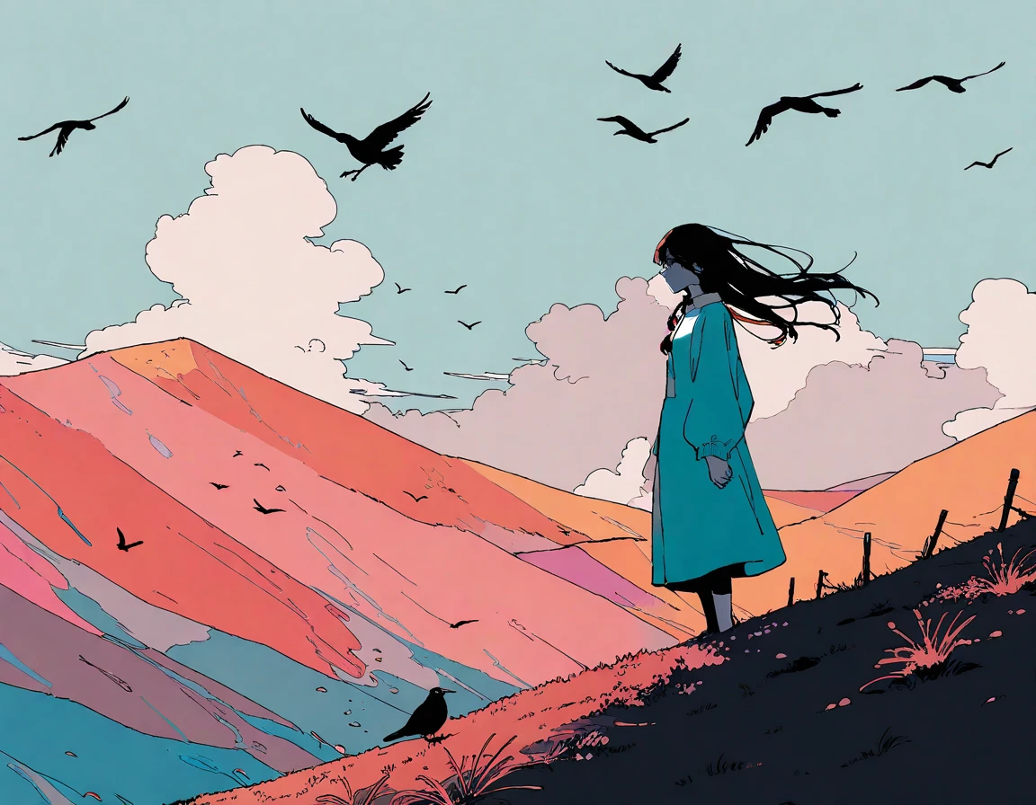 flat color, a girl, standing on the a hill, wind, day, amazing quality, very beautiful color, by iamuu, aesthetic, birds, beautiful scener, perfect, expansive