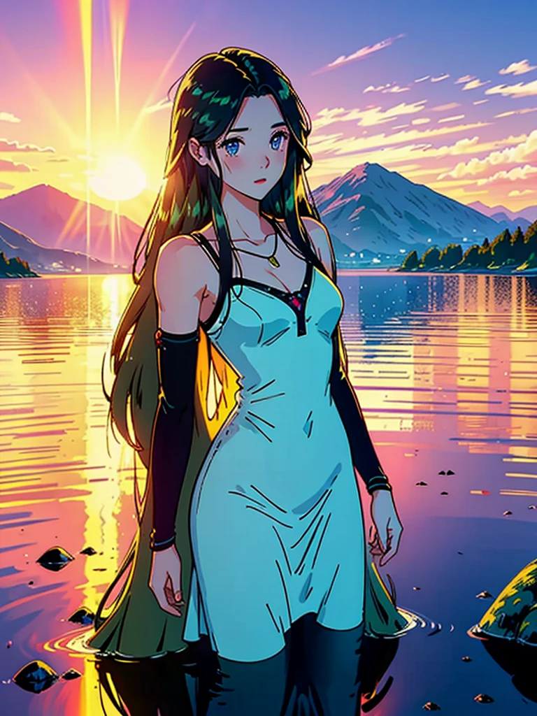 1 girl, serene expression, fascinating eyes, long and straight hair, flowy dress, balanced posture, Porcelain skin, subtle blush, crystal pendant
BREAK
golden hour, (edge lighting):1.2, warm tones, sun flare, solar flare, soft shadows, vibrant colors, pictorial effect, dreamy atmosphere REST scenic lake, distant mountains, sauce, calm waters, reflection, sunlit clouds, Quiet atmosphere, idyllic sunset, ultra detailed, Official Art, unity wallpaper 8k
, tangled, mandala