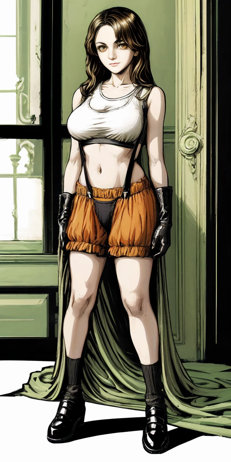 Female funger lying in bed, full body, standing, straight, symmetrical, looking at the viewer, very detailed illustration, 1solitaria, big breasts, high resolution, high quality, Masterpiece, looking at the viewer (female knight) orange long hair, absurdities, ultra detailed, (8k, Best Quality, Masterpiece:1.2) (realist, fotorrealista:1.37) (whole body) legs apart (wide stance) standing in front, ultra detailed, 1 girl,beautiful, alone (feminine works) (big breasts:1.5) (Beautiful detailed eyes) (SMILE:1.2) (Closed mouth), sharp focus, depth of field, Good composition, very long straight hair, hair explosion ((Orange_eyes)) intricate, bokeh (Tetsuya Nomura style) perfect breasts, White tank top, black thong, suspenders, gloves, socks, Toned body, athletic, Wide hips, thin waist, toned arms, exposed abdomen