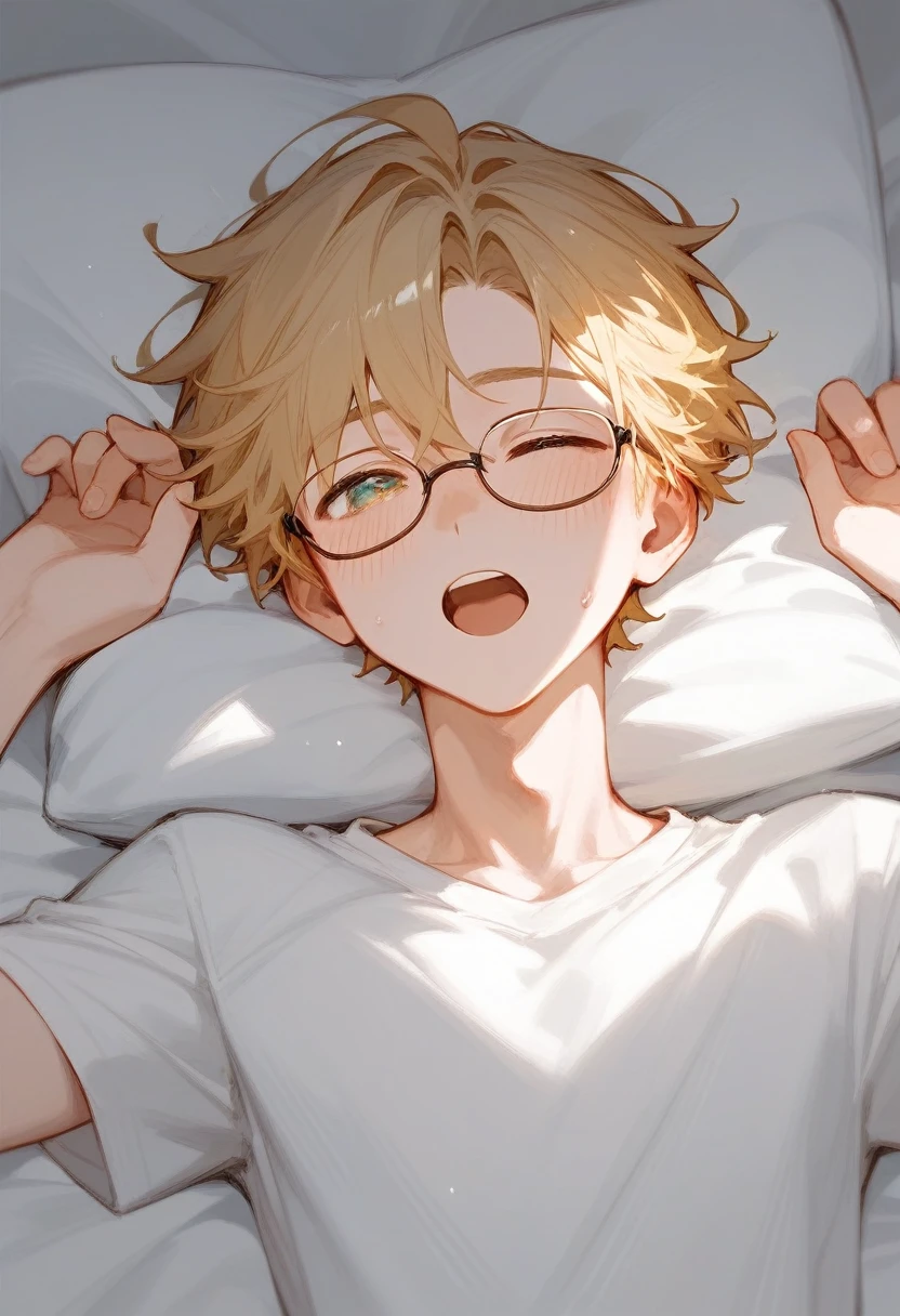 He is a man lying in bed with his eyes open and a look of desire sweating a lot. He is 18 years old, blonde and wears glasses, his hair is neck length., he's excited. moaning with eyes open. humida