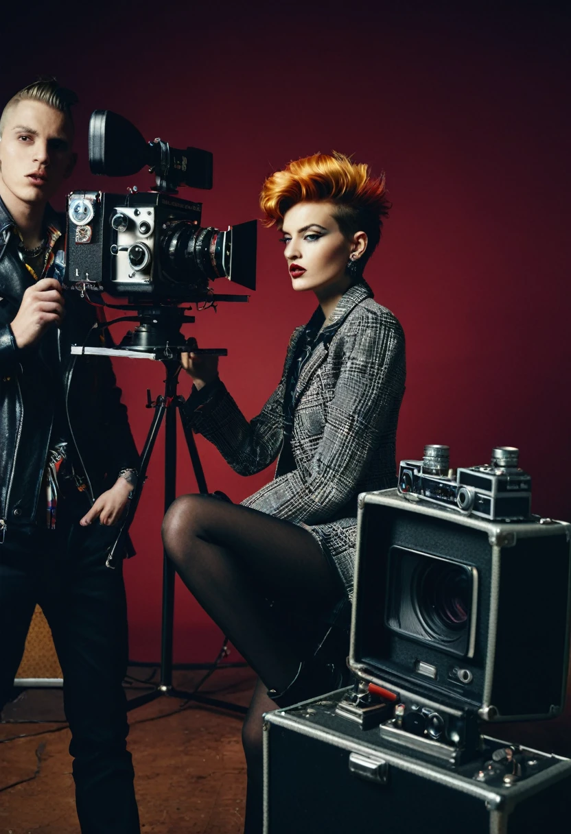 vintage editorial look photoshoot for a punk rock band, Panavision cameras and anamorphic lenses, technicolor film, vogue, dynamic camera angles, shot on leica m6, back to back, dramatic studio lighting, interesting poses