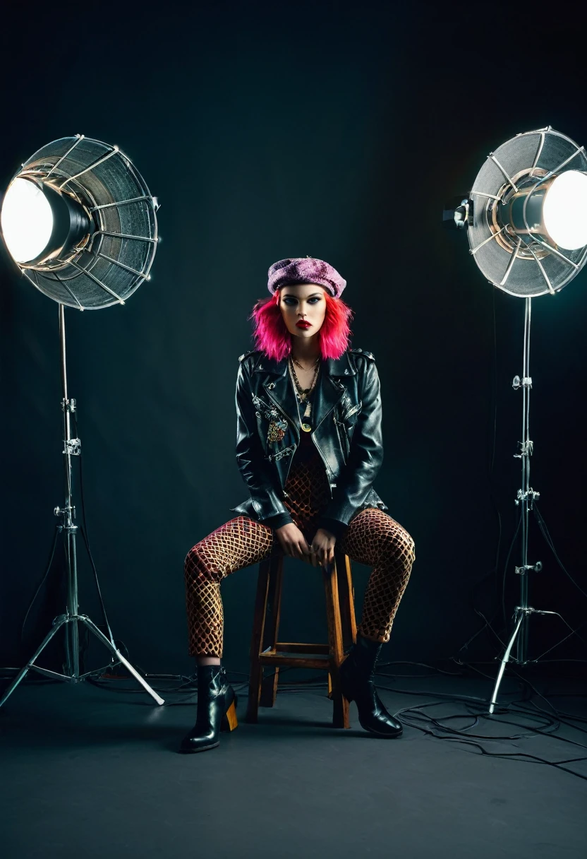 vintage editorial look photoshoot for a punk rock band, Panavision cameras and anamorphic lenses, technicolor film, vogue, dynamic camera angles, shot on leica m6, back to back, dramatic studio lighting, interesting poses
