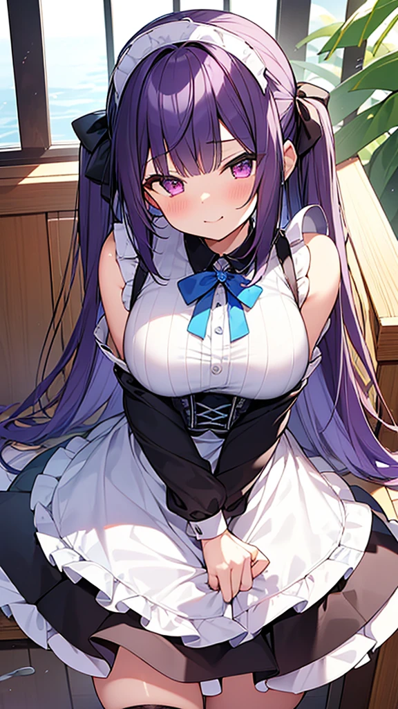 最high quality, high quality, Super detailed, 32k, Ultra-detailed details, Sister and maid, ( 立ってる, pretty girl, beautiful purple hair, Beautiful purple eyes, Big Breasts, A light smile, Red eyes, Off-the-shoulder sleeveless Summer clothes, Summer casual maid clothes, Short skirt, Blue and white color striped underwear, Black knee socks, My crotch is wet with love juice, 18-year-old,cute), {{The succubus peels the skin off her sister&#39;s face, sticks it on her face, and seduces her by dressing her as a maid.}}, She has transformed from a shy maid into a lewd one., A maid with her sister&#39;s face stuck on her face is vigorously pistoning her body, A maid who moves her body vigorously without caring if her breasts bounce, Super detailed, Detailed sister photosが見える, Full body image, NSFW