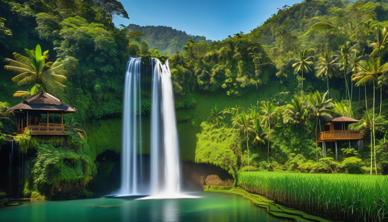 The waterfall flows from small cliffs of Bali into a lake. There is a small hut surrounded by tropical forest plants, volcano in the background and no clouds, vast rice fields full of rice plants, cloudless blue sky, no clouds, vibrant and realistic photography.