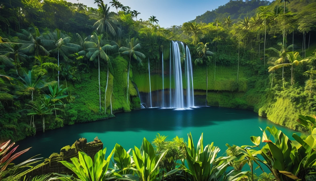 The waterfall flows from small cliffs of Bali into a lake. There is a small hut surrounded by tropical forest plants, volcano in the background and no clouds, vast rice fields full of rice plants, cloudless blue sky, no clouds, vibrant and realistic photography.