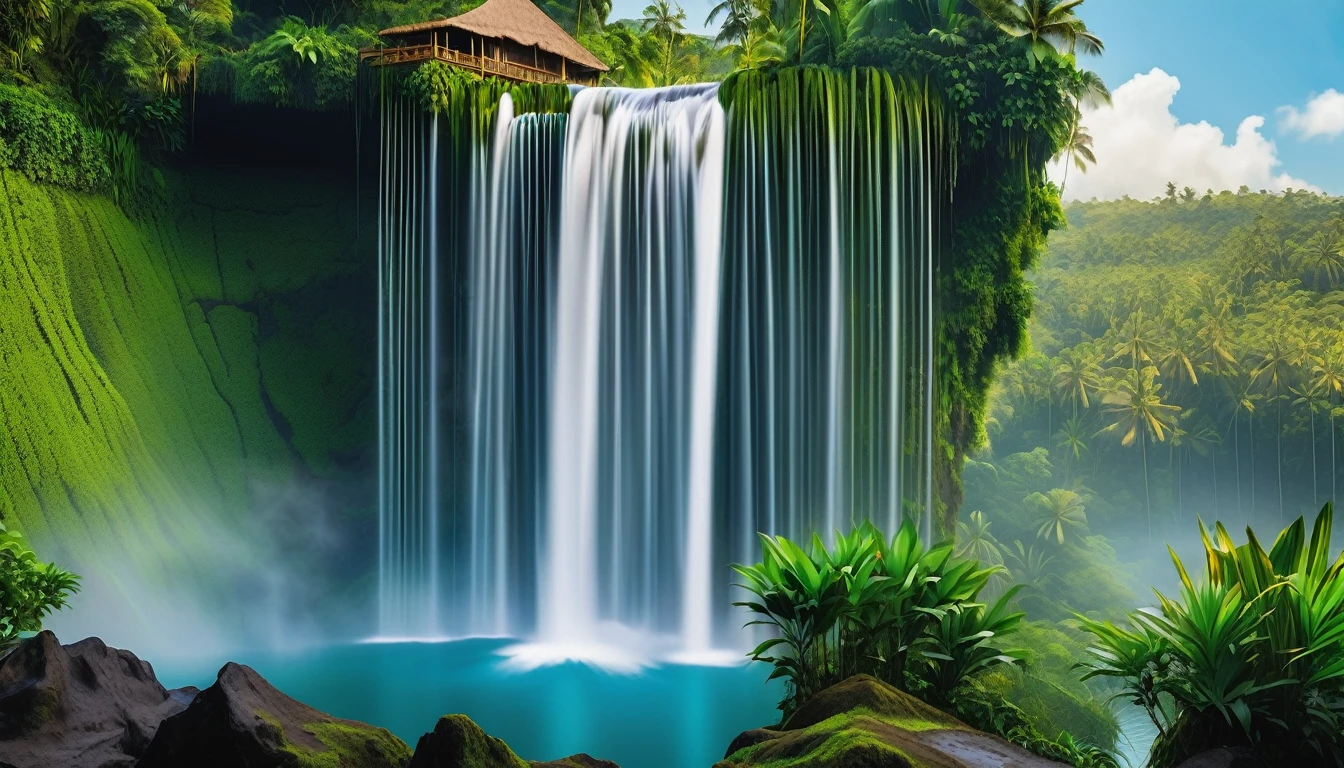 The waterfall flows from small cliffs of Bali into a lake. There is a small hut surrounded by tropical forest plants, volcano in the background and no clouds, vast rice fields full of rice plants, cloudless blue sky, no clouds, vibrant and realistic photography.