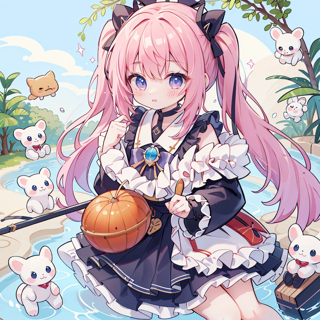 extremely detaild的 CG unified 8k wallpapers, very fine 8KCG wallpapers, hoang lap,Show on the ,Best quality at best ,ultra - detailed ,pretty face ,masterpiece、masterpiece、image quality、quality、drill twin tail hair、pink witch costume、Light blue face、twosideup、odd eye、Cute Baby Turtle