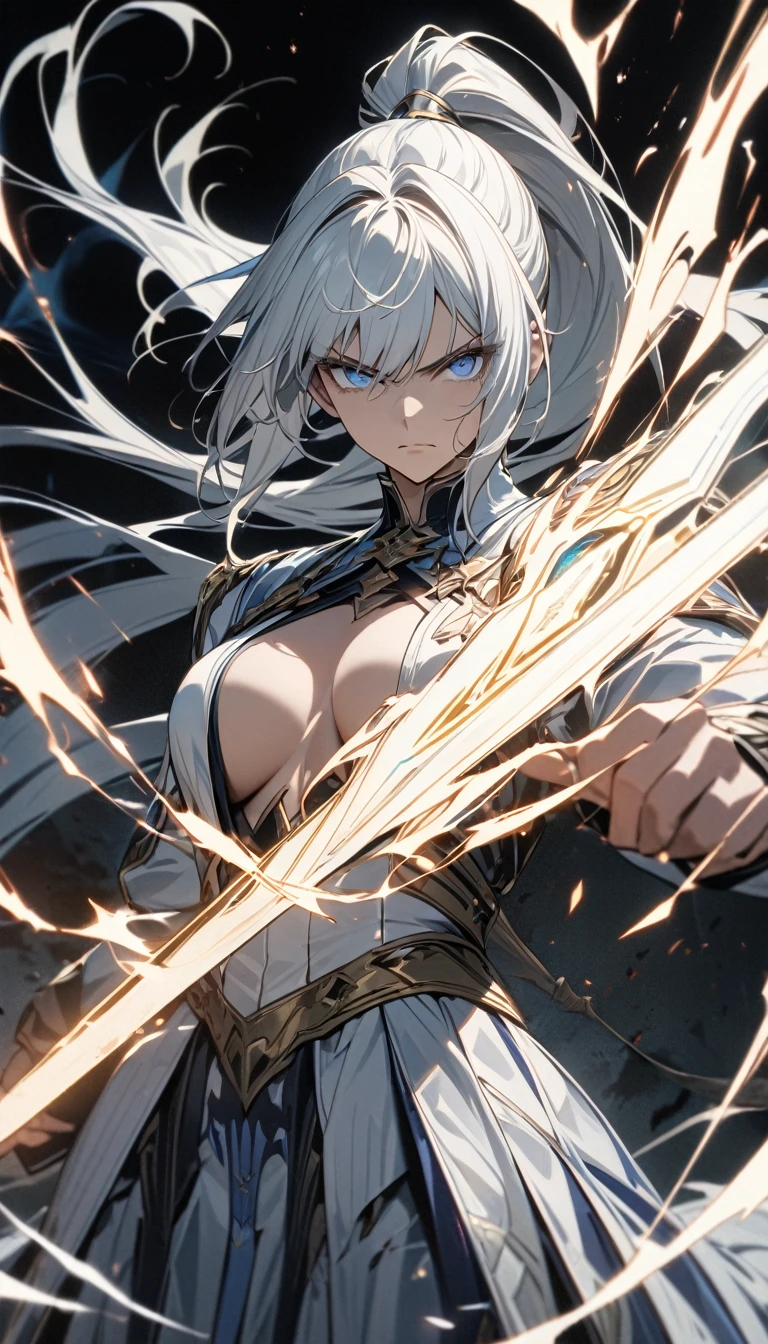 Adult woman, long white hair, high ponytail, blue eyes, magic spear, general form, open breasts, serious look, Masterpiece, best quality, Full HD, 8k, ultra details, great graphic