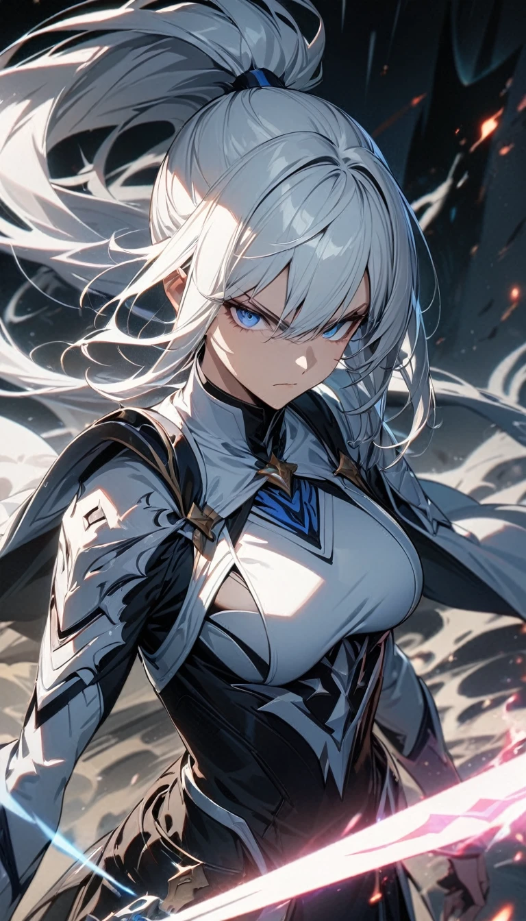 Adult woman, long white hair, high ponytail, blue eyes, magic spear, general form, open breasts, serious look, Masterpiece, best quality, Full HD, 8k, ultra details, great graphic