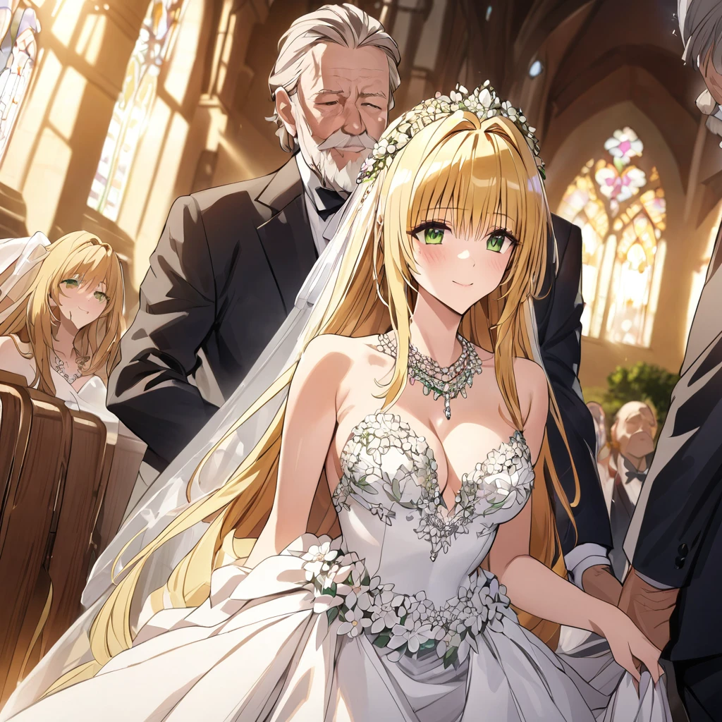 ((Highest quality)), ((masterpiece)), (detailed), (Perfect Face)、The woman is Tiare, has green eyes, medium-long blonde hair, and is wearing an engagement ring.、The woman is wearing a gorgeous, dazzlingly jeweled wedding dress, a wedding veil, a gorgeously jeweled wedding headdress chain, gorgeous, glittering accessories, and is being led by a dignified, bearded, elderly man down the aisle in a gorgeous church to hold her wedding ceremony.、The man is a dignified, bearded old man, very wealthy, dressed in luxurious clothes and wearing an engagement ring.
