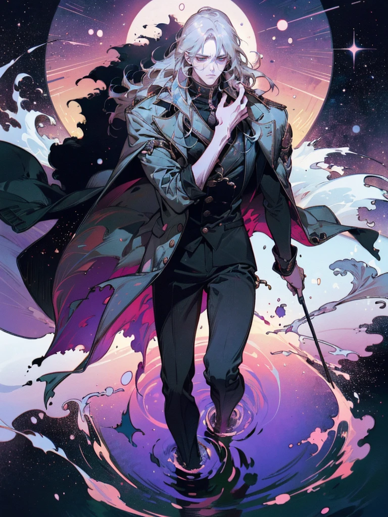 ((1 male)). ((manly:1.2)), Create a detailed portrait of a man with long hair that transitions from black at the roots to lavender at the ends, styled in an ombre effect. His hair is flowing freely in the water around him. ((he's lying in the water)). He has striking green eyes that contrast with his pale skin, adding a hint of vibrancy to his exhausted appearance. His face is etched with fatigue and weariness, reflecting the toll of extensive overtime work, with dark circles under his eyes and a slightly furrowed brow. He is dressed in baggy, cyberpunk-style clothing in black and white shades, which drape loosely over his slender frame. The outfit includes a futuristic, oversized jacket and relaxed-fit pants, complete with subtle, glowing neon accents. ((The setting shows him floating on his back in water, viewed from above)). The water reflects a stunning cosmos of vibrant colors, with stars and galaxies swirling around. His pose is relaxed, as if he is surrendering to the current. The overall mood conveys a strong sense of exhaustion and the desperate need for a moment of respite amidst a relentless, cyberpunk landscape. The background features hints of a dystopian environment with scattered tech gadgets and dim screens faintly visible beneath the water, reinforcing the sense of a worn-out world.