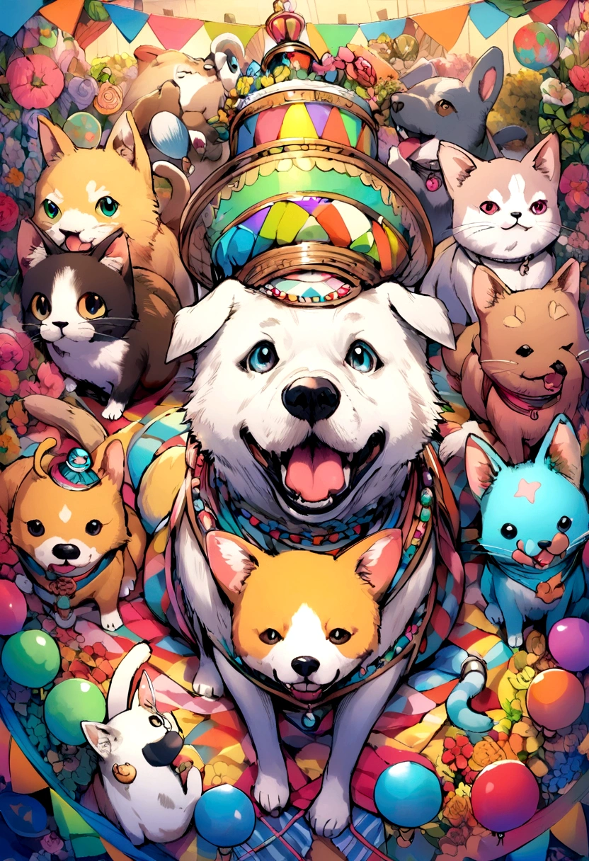 A CAT AND A DOG AT A PARTY WITH THEIR FRIENDS