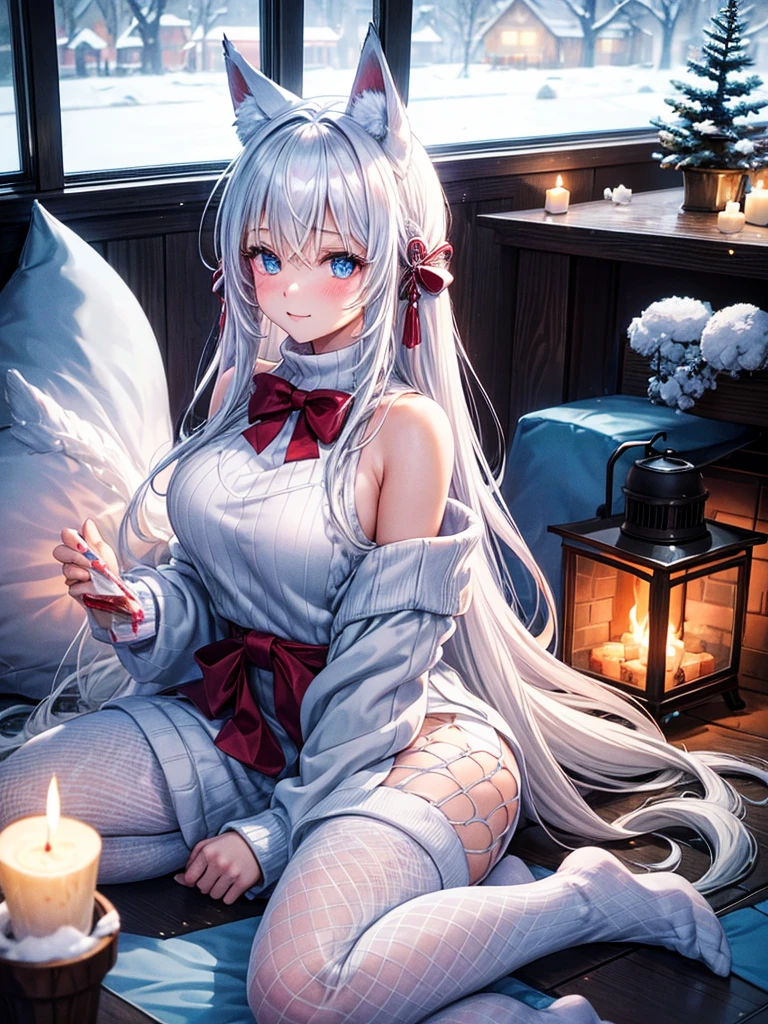 Anime, 1girl, backside view, white hair, blue eyes, glowing eyes, fishnet leggings, white winter sweater, mini-skirt, white underwear, slight smile, blush, cozy house, fireplace, white neck bow, white fox ears, black tight leggings, blue glowing, bedroom, back view, pillows, steaming hot cocoa, candy cane, lit candles, snowflake patterned blanket, chocolate bar,