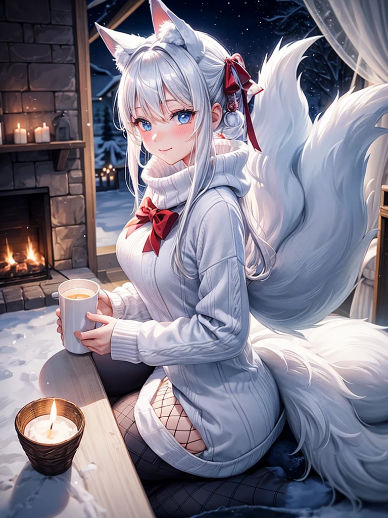 Anime, 1girl, white hair, blue eyes, glowing eyes, fishnet leggings, white winter sweater, mini-skirt, slight smile, blush, cozy house, fireplace, kitsune girl, fox plush, nine tailed girl, snow, white neck bow, fox ears, black tight leggings, blue glowing, winter themed blanket, winter themed bedroom, backside view, pillows, hot cocoa, candy cane, lit candles,