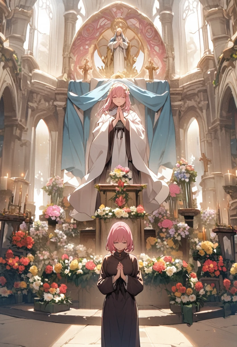 Flower Stand、altar、Altar、saint、Pink-haired woman praying,