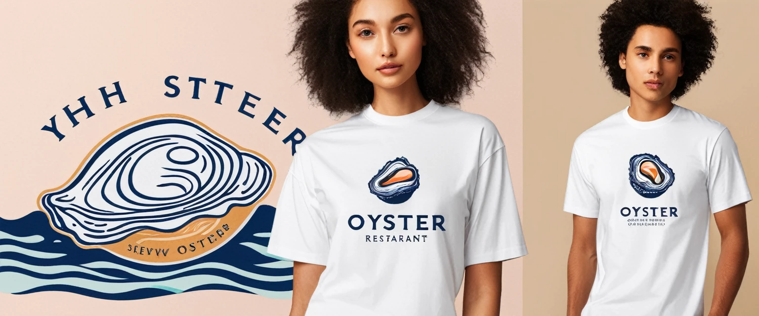 oyster restaurant logo printed on t-shirt, the logo represents an oyster, simple logo with 3 color palette , nice color combination, the logo is classic simple and chic, the logo can be easily printed on caps or polo shirts. the logo inspires confidence and makes you want to taste oysters,