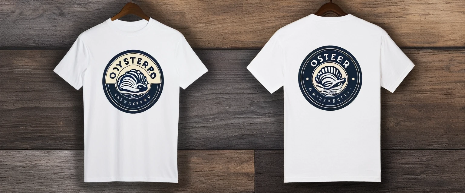 oyster restaurant logo printed on t-shirt, the logo represents an oyster, simple logo with 3 color palette , nice color combination, the logo is classic simple and chic, the logo can be easily printed on caps or polo shirts. the logo inspires confidence and makes you want to taste oysters,