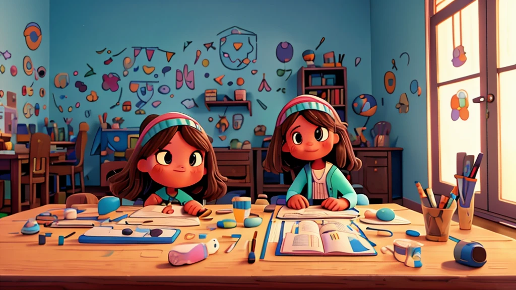 Muslim 24 years old girl, learning English in her beautiful well-lightened room on her desk, alone in her room, brown hair, hair bobbles, wince, longeyelashes, solid circle eyes, light smile, ear blush, ccurate, best quality Muslim girl, drop shadow, neon color, tachi-e, pov, atmospheric perspective, Color Field painting, Pixar, depth of field, film grain, 8k, super detail, 4K