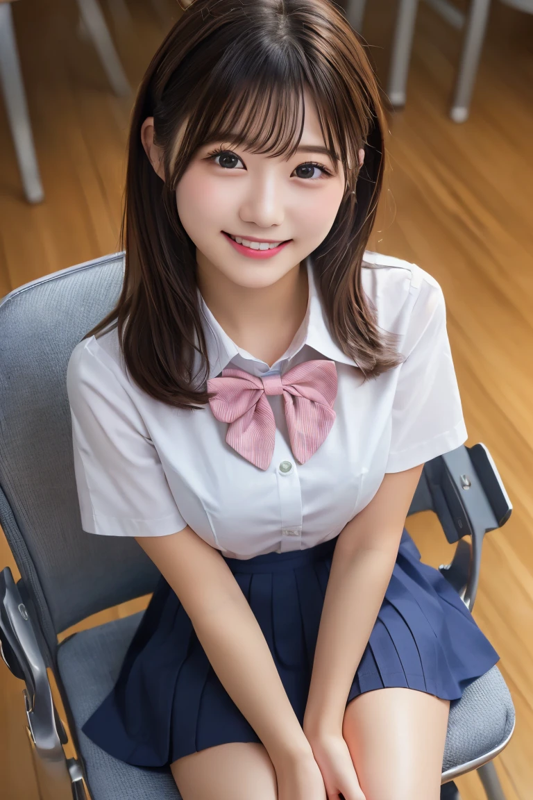 Highest quality, (beautiful)、Brown Hair、Bowtie、Short Sleeve Business Shirt、Close-up、smile、Big 、Shoot from above、Navy Blue Skirt、Black knee socks、School、Sit on a chair、Pink Bra