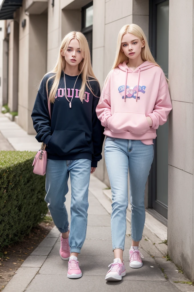 Young blonde, long blonde hair, dark blue eyes, with pink sweatshirt, white gucci sneakers, taking a walk,
