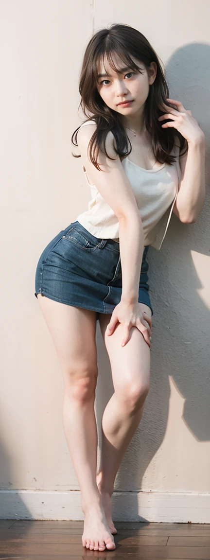 Open shirt, (((Leaning forward))), ((,Round face, Around 17 years old,mini skirt、loose tank top)), Long Hair, , Natural Makeup, Lips become thicker, Sexy Gaze, barefoot, ((Raise one leg)), Shooting from below,Gentle expression ,((Extremely precise and accurate anatomy)), (masterpiece:1.43), Perfect proportions, Realistic photos, Full Shot, whole body, (height: 165cm),