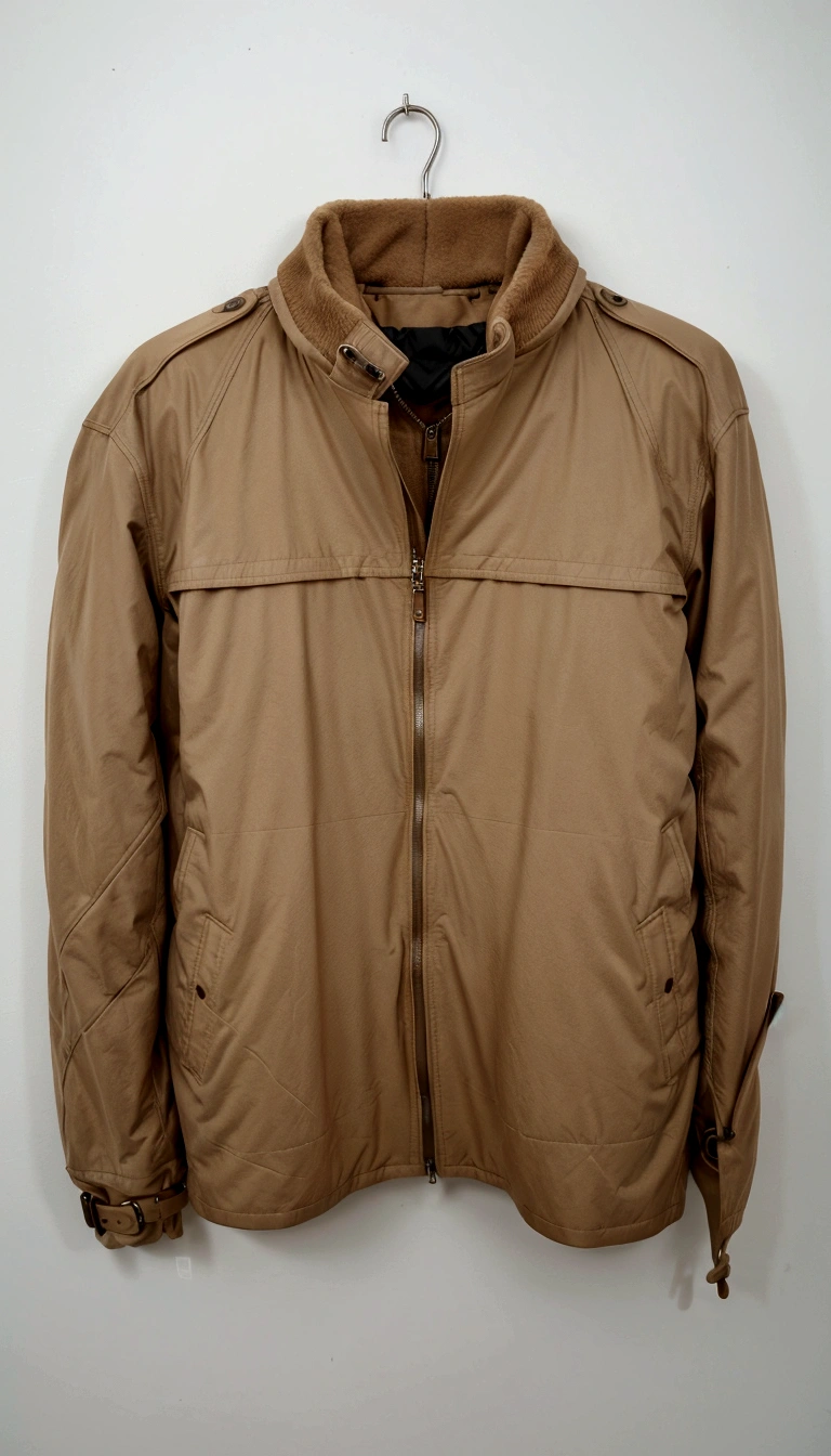 a close up of a jaket on a hanger on a wall, brown jaket, light brown coat, brown jaket with long sleeves, jaket, brown leather jaket, trenchcoat marrom claro, styled by Jonathan Solter, brown clothes, 4 0 9 6, average, bomber jaket, Inspiration, pano jerkin, sports jaket, display item, coat with lots of pockets