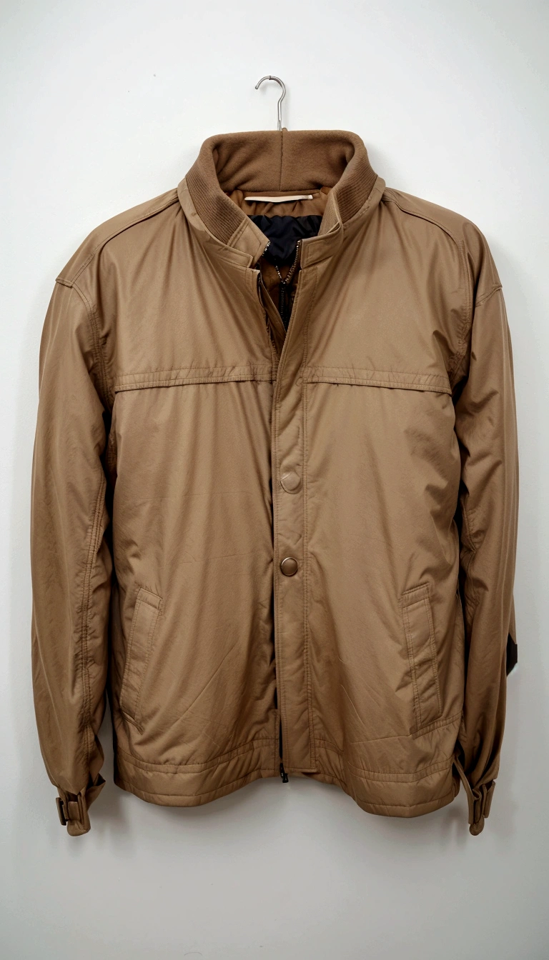 a close up of a jaket on a hanger on a wall, brown jaket, light brown coat, brown jaket with long sleeves, jaket, brown leather jaket, trenchcoat marrom claro, styled by Jonathan Solter, brown clothes, 4 0 9 6, average, bomber jaket, Inspiration, pano jerkin, sports jaket, display item, coat with lots of pockets