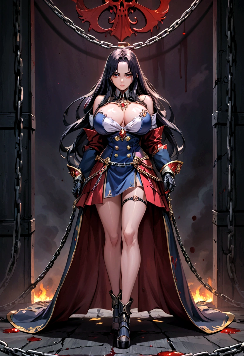 standing, a arrogant woman with eyes and long hair and leg and feet and big bust, Warhammer universe, anime design, wearing luxurious military lord captain garment, with grim dark elements, in a detailed darkened backdrop, surrounded by chains, blood