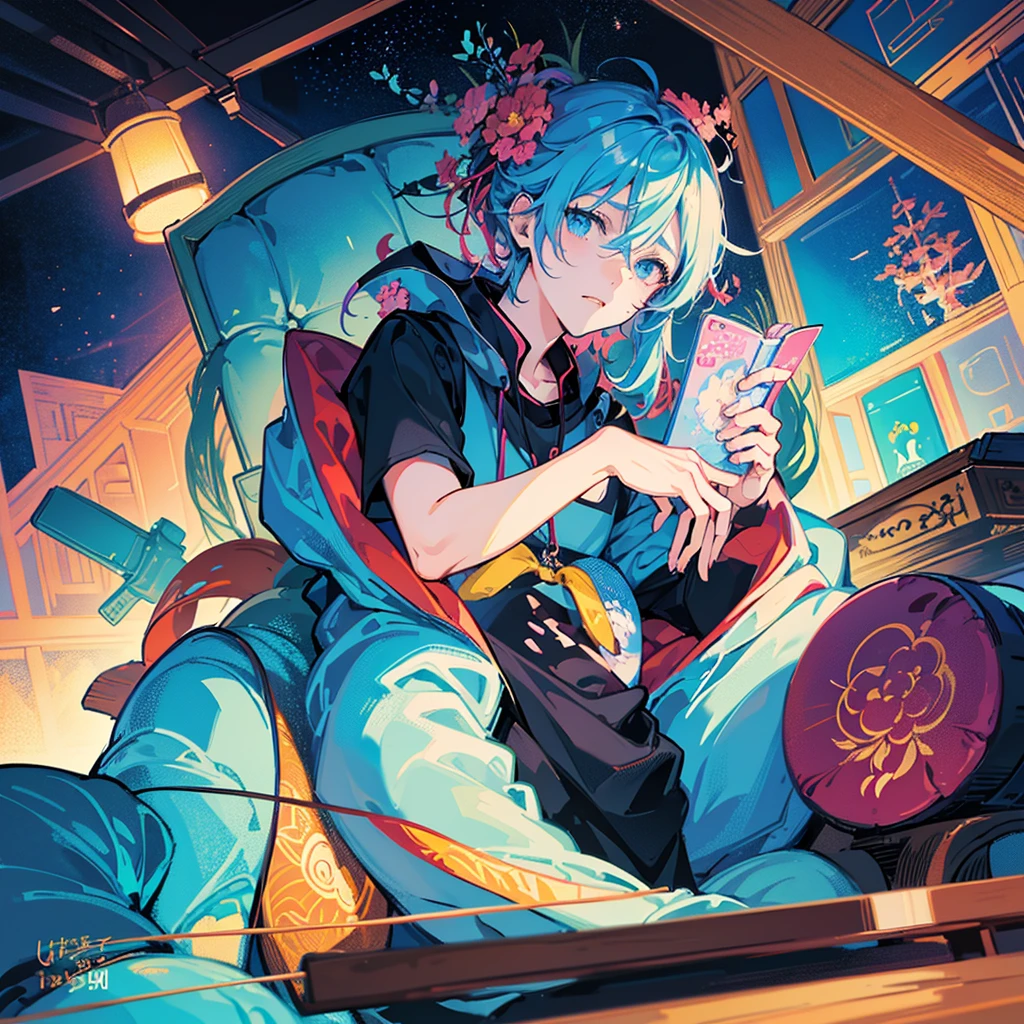 there is a boy sitting on a couch with a cell phone, digital anime illustration, anime boy, artwork in the style of guweiz, looking at his phone, in an anime style, in anime style, anime lover, high quality anime artstyle, anime picture, today's featured anime still, guweiz, high quality fanart, anime artstyle