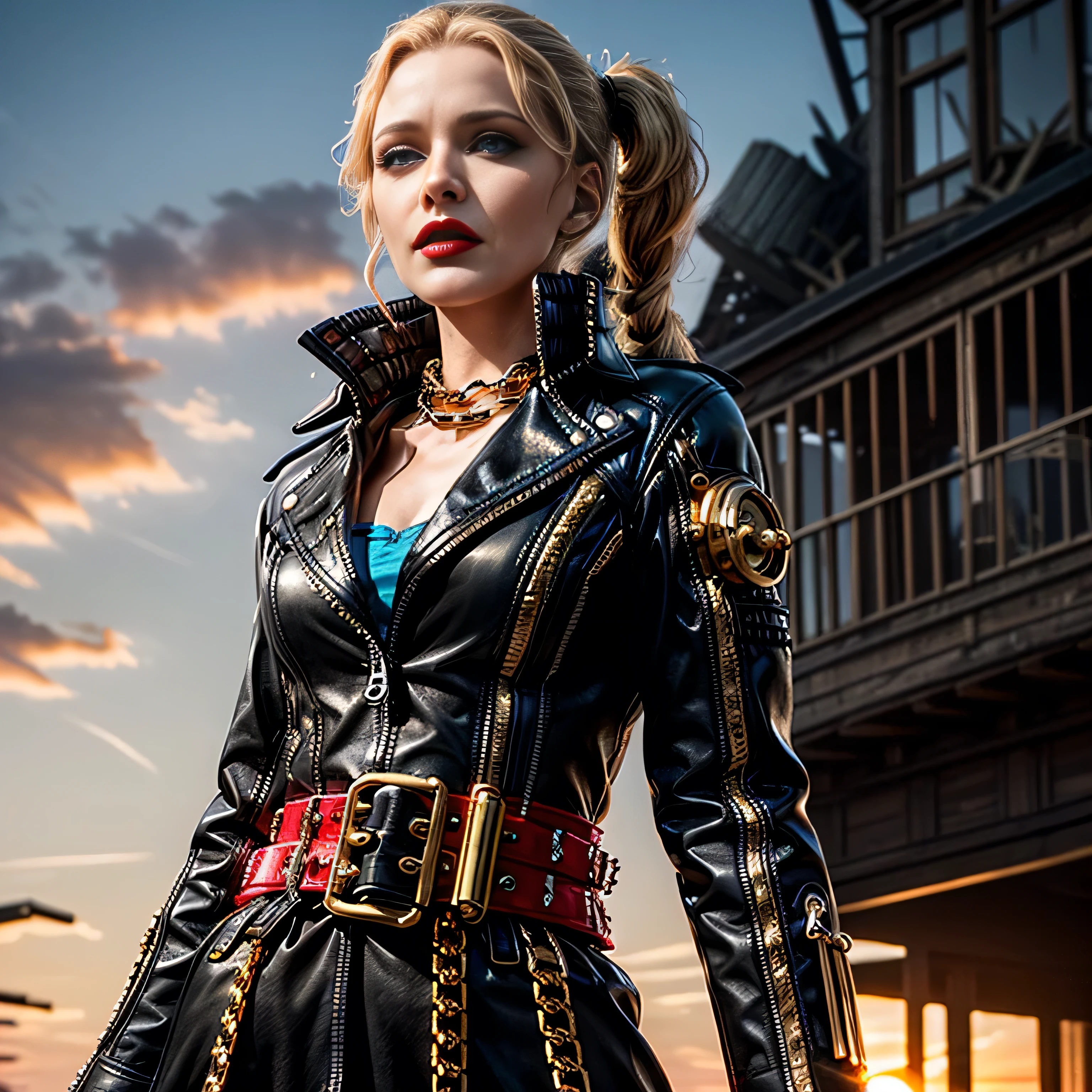 A mysterious alerquina character, Atris Margot Robbie, stands in a horror circus, her characteristic outfit and baseball bat in hand., ray tracing, super detail, best quality, highres, 8k, 16k, best quality