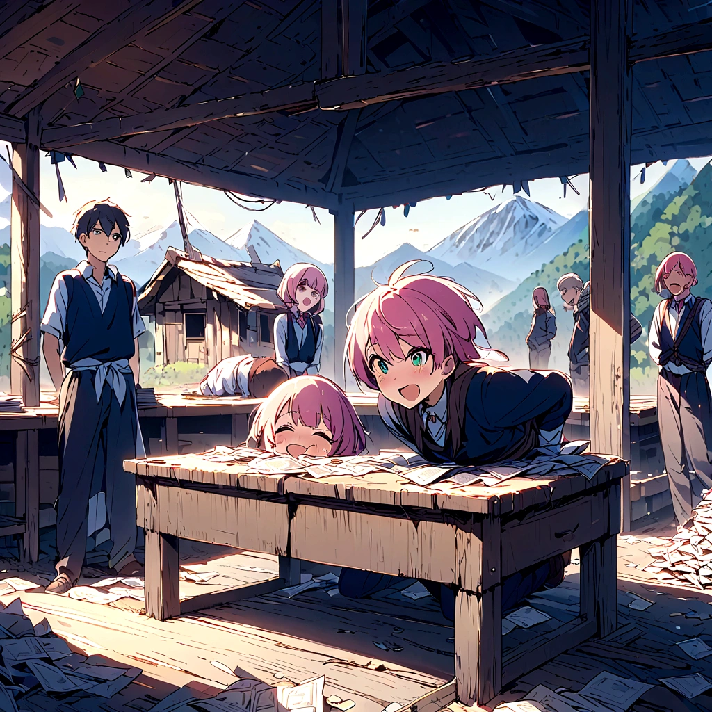 There is a pile of bills on the desk、Around the desk3People Women、Abandoned hut、Dirty、Laughing out loud、Boy tied up behind his back、Pink Hair、Drill Twin
