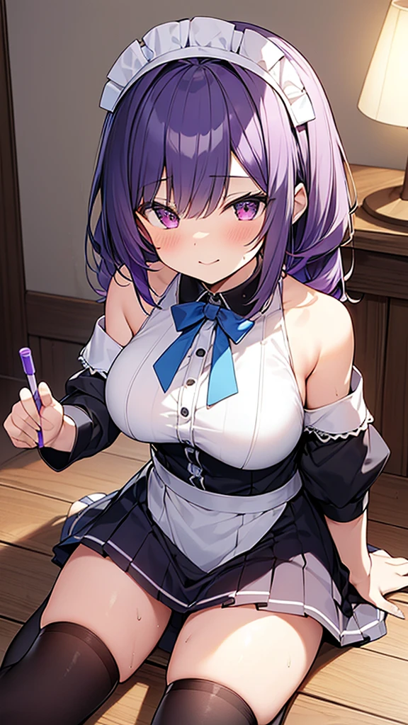 Highest quality, masterpiece, (Lean on:1.4), One girl, yuzuriha_(jigokuraku), Purple Hair, Brown eyes, Ninja, Open clothes, Cleavage, Small breasts, Topknot, Medium Hair, Let go of my chest, Captivating smile, French Maid, Take off, (blush:1.1), Appearance of the Japan, Temple,Lots of strings、