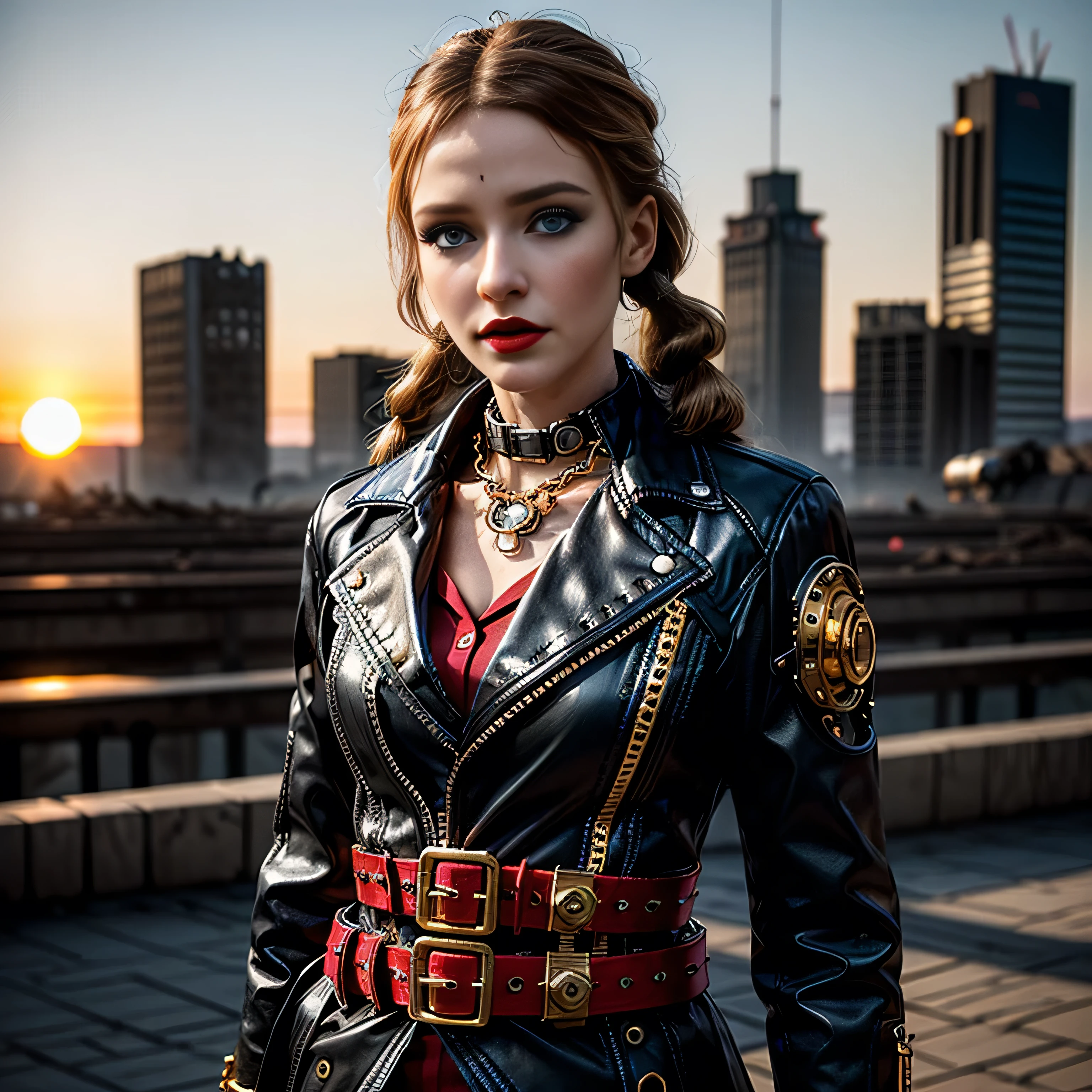 ((masterpiece, photorealistic:1.4, extremely intricate:1.3, photon mapping, radiosity, physically based rendering, ultra resolution, hyper-realistic, photorealistic:1.4, hyper-realistic, 8K)), (((athletic female assassin, long pigtails windy [black hair:bright ginger hair:0.7], (([flat chest:medium breasts:0.8])), ((makeup:1.2, perfectchainmail, gold steampunk, black jacket, clockwork belt), red lips, bright sunlight, sunset, red silk shirt)))), outdoors, metal reflections, ((((futuristic apocalyptic city destroyed)))), professional photograph, soft focus, dramatic, award winning, cinematic lighting, volumetrics (film grain, blurry background, blurry foreground, bokeh, depth of field), BREAK, (([clear eyes:blue eyes:0.4]))