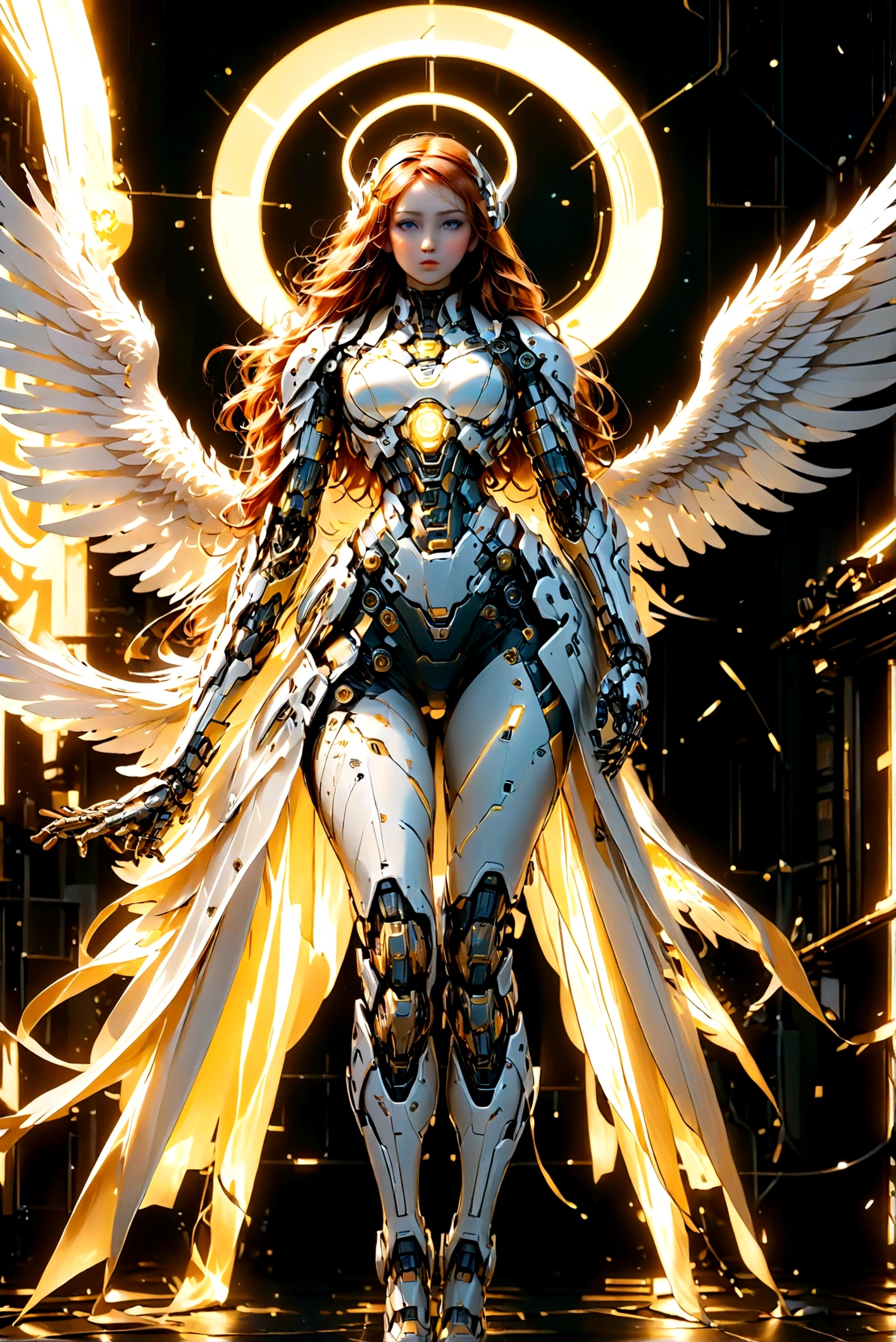 You have a mission!! task (((The most beautiful bionic angel in a perfectly tailored outfit in a given situation))), (give the solution!!), (((one rule is the golden ratio and white balance))), ((always draw hands and fingers correctly, correct them if you make a mistake)), In the darkness, a woman's figure is illuminated by a circular light that frames her head, young cyborgetic angelic female, complete body, Caucasian skin, short, body, bio cyborg body, show cleavage, bio cyborg arm's, curved lips, long fire hair, bio cyborg legs, battle Valhalla background, ultra detailed lighting, Translucent mechanical wing , ultrarealistic, 8k, neon golden,