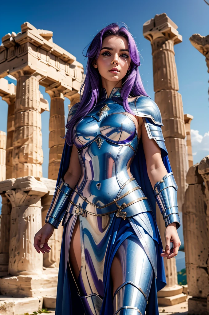 one woman, 25 year old, Greek goddness, purple hairs, blue eyes, greece, ancien temple, perfect bosy, masterclass, HD, 8k, wearing an armor, armure cisellée, fish armor, scales, design, white cape, dark enegy aura, in an ancient greek temple in ruins