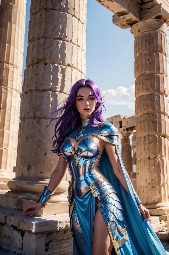 one woman, 25 year old, Greek goddness, purple hairs, blue eyes, greece, ancien temple, perfect bosy, masterclass, HD, 8k, wearing an armor, armure cisellée, fish armor, scales, design, white cape, dark enegy aura, in an ancient greek temple in ruins