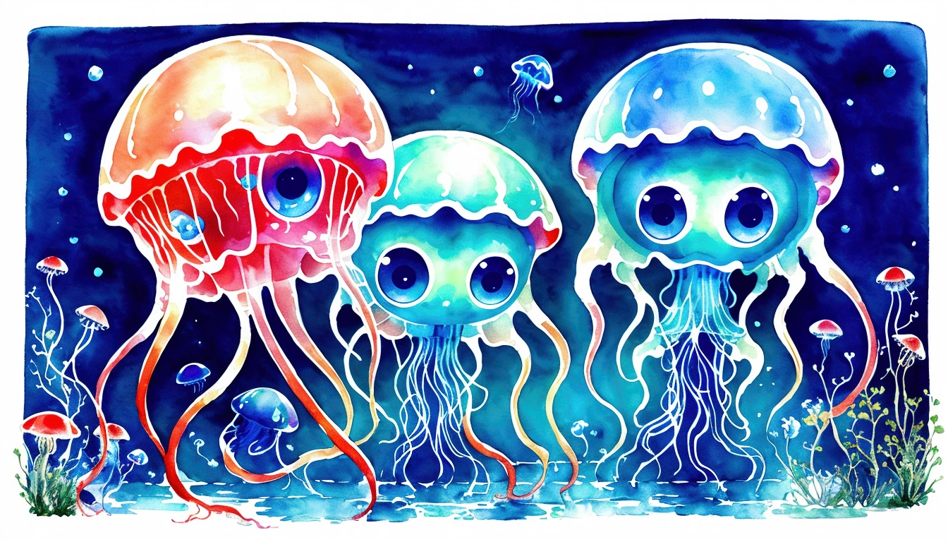 Walking Big eyes, Jellyfish Monsters, (((Humanoid translucent alien creature))), blue and red Lights, Blue light, ((jellyfish)), Ocean, Plants in the water, Rich in color, T-SHIRT DESIGNS IDEAS, simple, aquarelle
