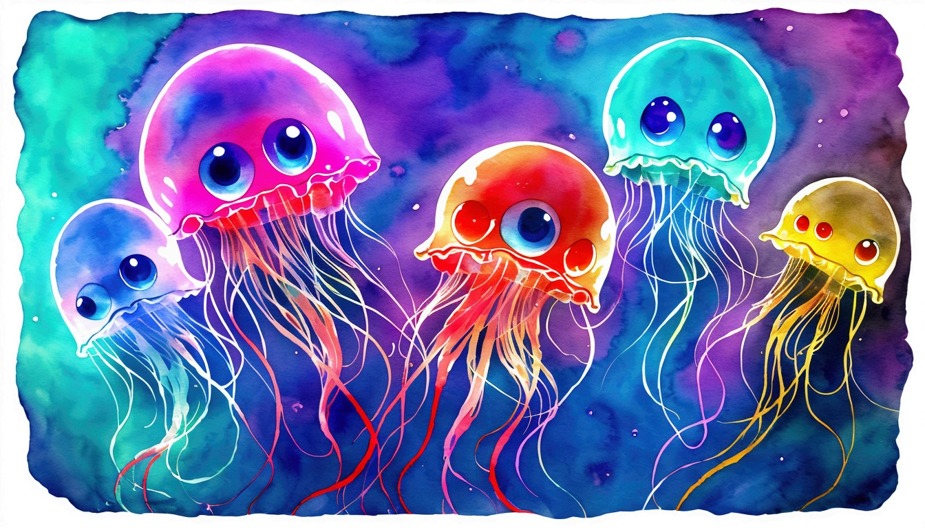 Walking Big eyes, Jellyfish Monsters, (((Humanoid translucent alien creature))), blue and red Lights, Blue light, ((jellyfish)), Ocean, Plants in the water, Rich in color, T-SHIRT DESIGNS IDEAS, simple, aquarelle