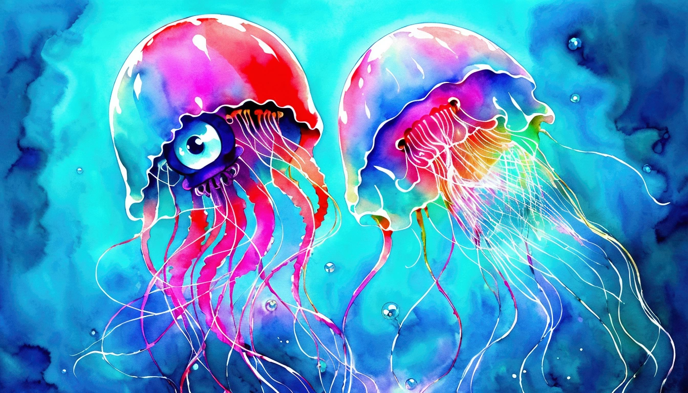 Walking Big eyes, Jellyfish Monsters, (((Humanoid translucent alien creature))), blue and red Lights, Blue light, ((jellyfish)), Ocean, Plants in the water, Rich in color, T-SHIRT DESIGNS IDEAS, simple, aquarelle