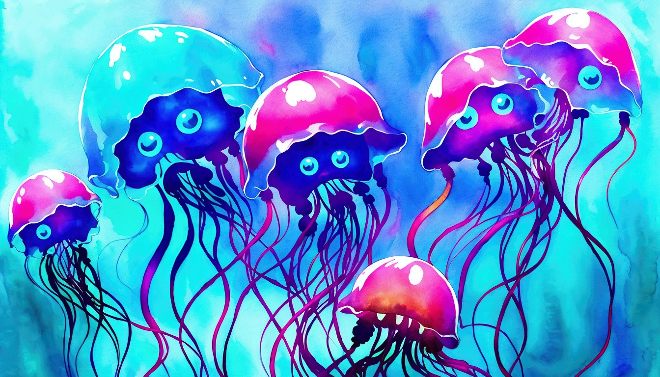 Walking Big eyes, Jellyfish Monsters, (((Humanoid translucent alien creature))), blue and red Lights, Blue light, ((jellyfish)), Ocean, Plants in the water, Rich in color, T-SHIRT DESIGNS IDEAS, simple, aquarelle