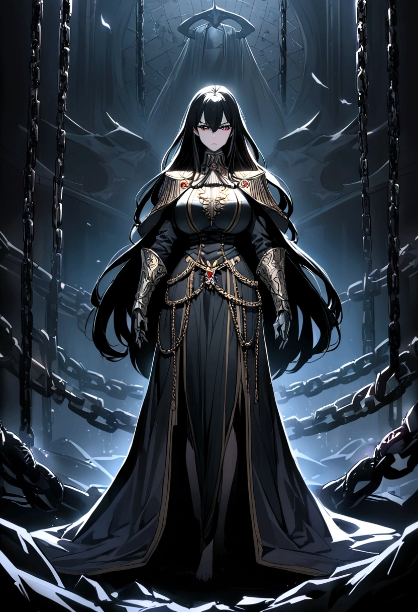 standing, a arrogant woman with eyes and long hair and leg and feet and big bust, Warhammer universe, anime design, wearing luxurious military lord captain garment, with grim dark elements, in a detailed darkened backdrop, surrounded by chains, blood